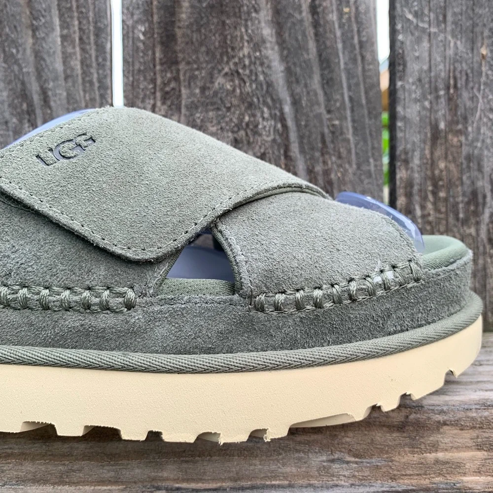 UGG Sandals Goldenstar Cross Platform Slide Moss Green Suede Leather - Picture 2 of 16